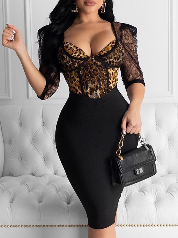 black-patchwork-grenadine-leopard-pattern-deep-v-neck-half-sleeve-bodycon-midi-dress