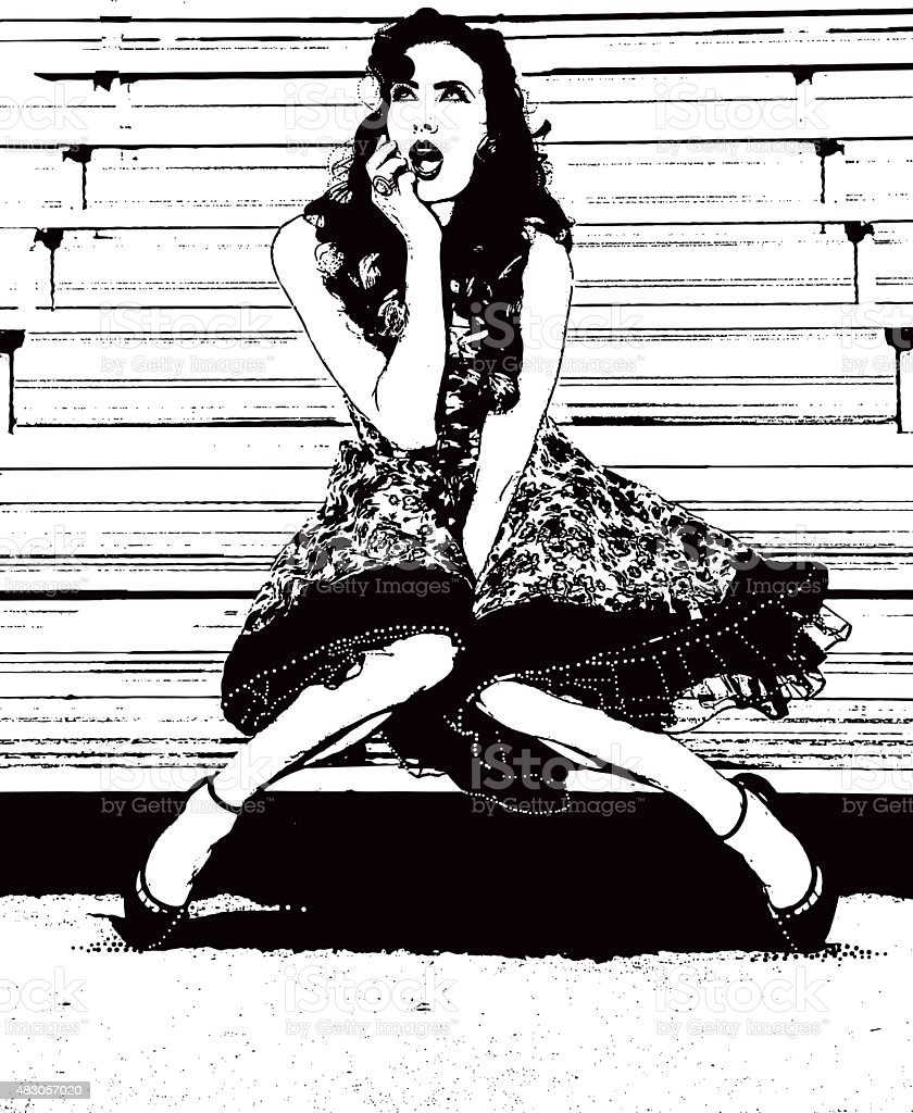 Line art illustration of a retro 50's woman wearing vintage clothes and funny expression.
